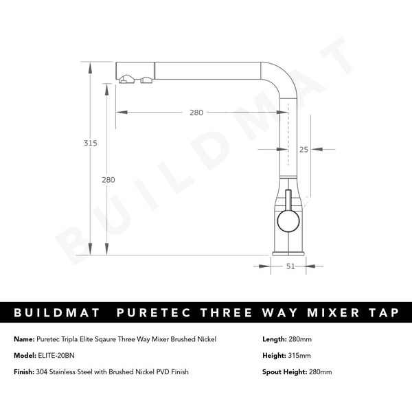 Puretec Tripla Elite Square Three-Way Mixer Brushed Nickel