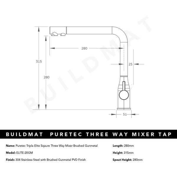 Puretec Tripla Elite Square Three-Way Mixer Brushed Gunmetal