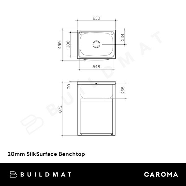 Caroma Eureka 45 Litre Standard Tub and Cabinet with Floor No Taphole Single By-Pass (Includes one flexible by-pass kit)