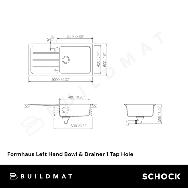 Schock Formhaus Left Hand Bowl & Drainer 1 Tap Hole Alpina White