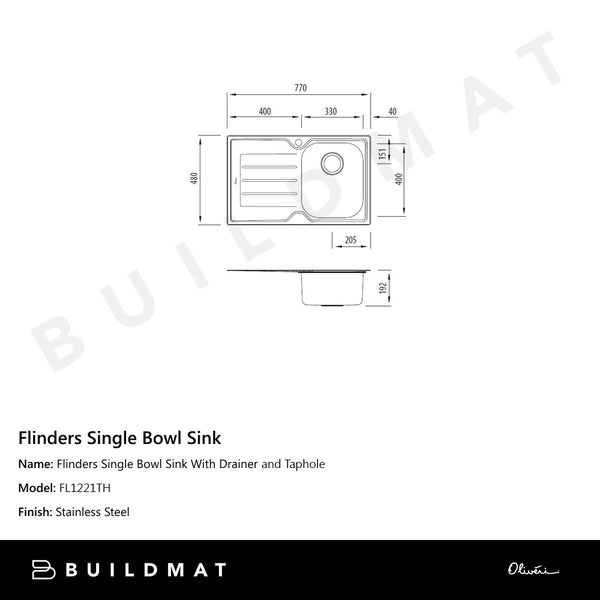 Oliveri Flinders Single Bowl Sink With Left Drainboard and Taphole Stainless Steel