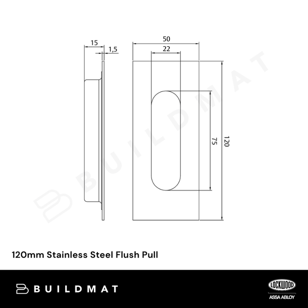 Lockwood 120mm Stainless Steel Flush Pull Polished Stainless Steel