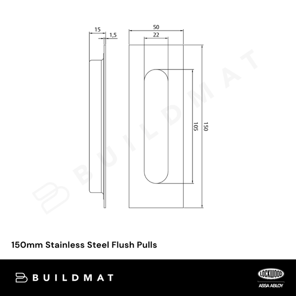 Lockwood 150mm Stainless Steel Flush Pull Polished Stainless Steel