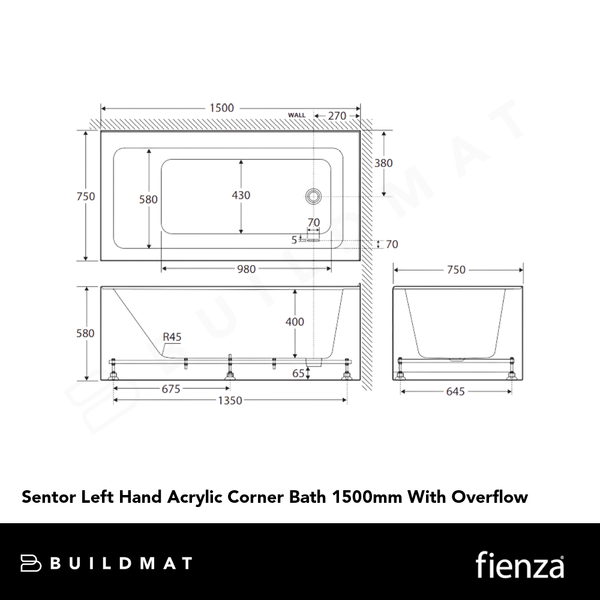 Fienza Sentor Left Hand Acrylic Corner Bath 1500mm with Overflow White