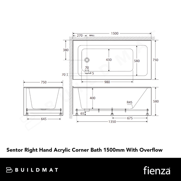 Fienza Sentor Right Hand Acrylic Corner Bath 1500mm with Overflow White
