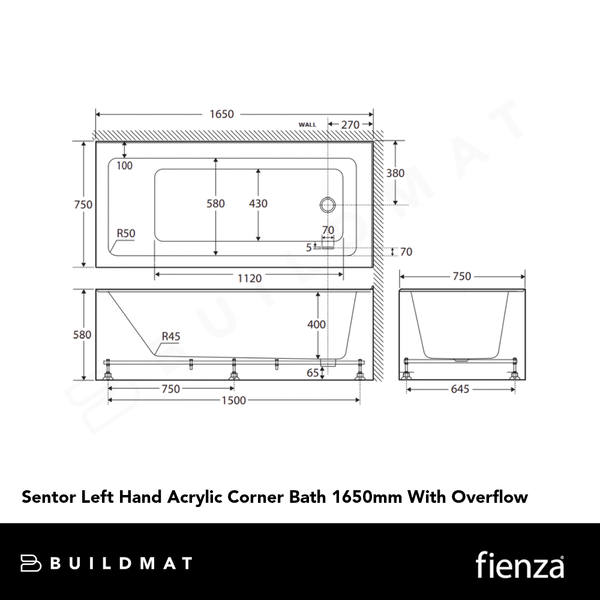 Fienza Sentor Left Hand Acrylic Corner Bath 1650mm with Overflow White