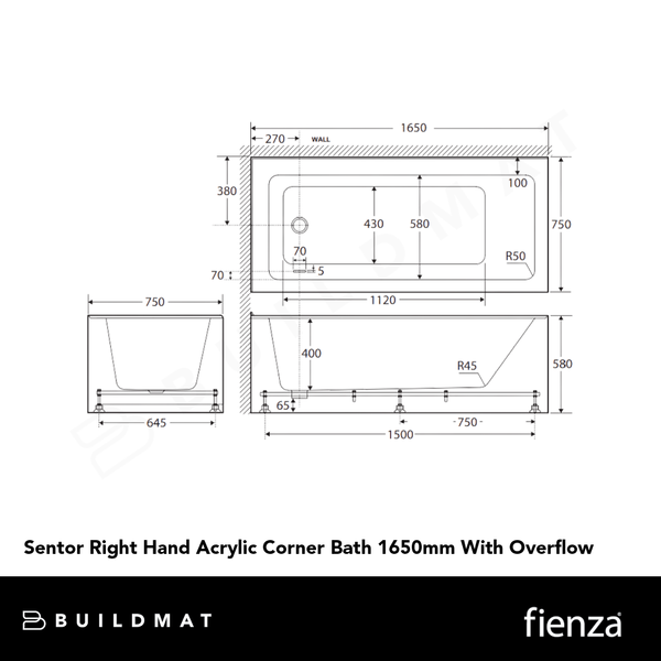 Fienza Sentor Right Hand Acrylic Corner Bath 1650mm with Overflow White