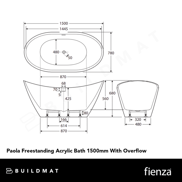 Fienza Paola Freestanding Acrylic Bath 1500mm with Overflow Gloss White