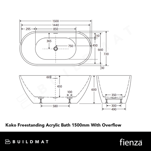 Fienza Koko Freestanding Acrylic Bath 1500mm Overflow Matte White