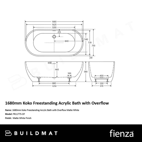 Fienza 1680mm Koko Freestanding Acrylic Bath with Overflow Matte White