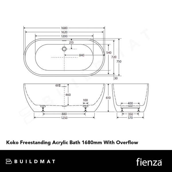 Fienza Koko Freestanding Acrylic Bath 1680mm with Overflow Gloss White