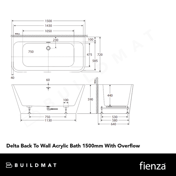 Fienza Delta Back To Wall Acrylic Bath 1500mm with Overflow Gloss White