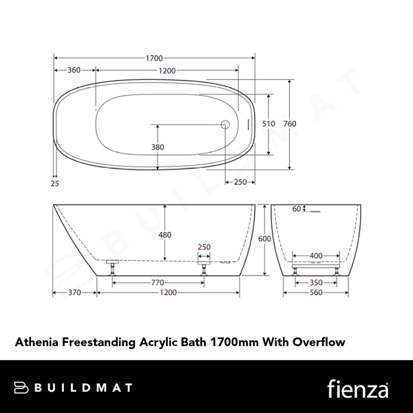 Fienza Athenia Freestanding Acrylic Bath 1700mm with Overflow White