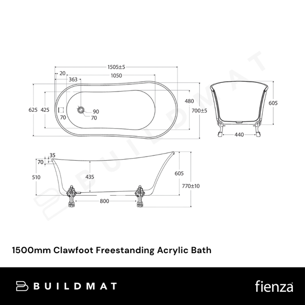 Fienza 1500mm Clawfoot Freestanding Acrylic Bath Gloss White