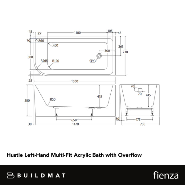 Fienza Hustle Left-Hand Multi-Fit Acrylic Bath with Overflow 1500mm White