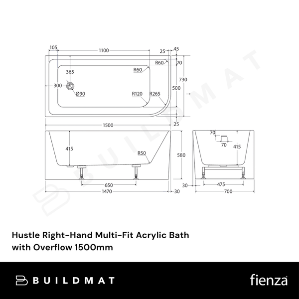 Fienza Hustle Right-Hand Multi-Fit Acrylic Bath with Overflow 1500mm White