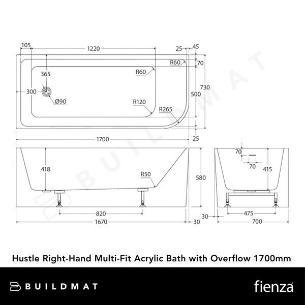 Fienza Hustle Right-Hand Multi-Fit Acrylic Bath with Overflow 1700mm White