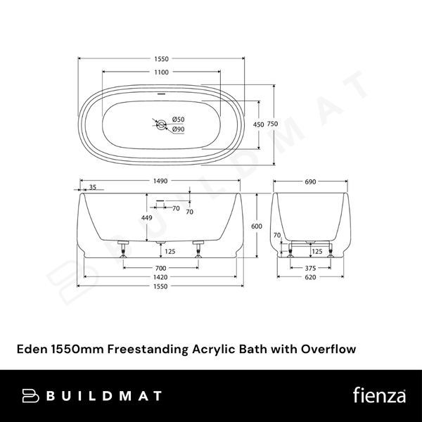 Fienza Eden 1550mm Freestanding Acrylic Bath with Overflow Gloss White