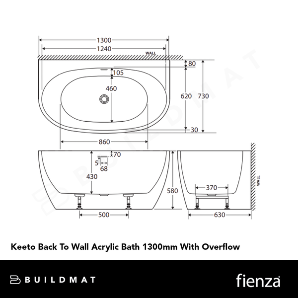 Fienza Keeto Back To Wall Acrylic Bath 1300mm with Overflow White