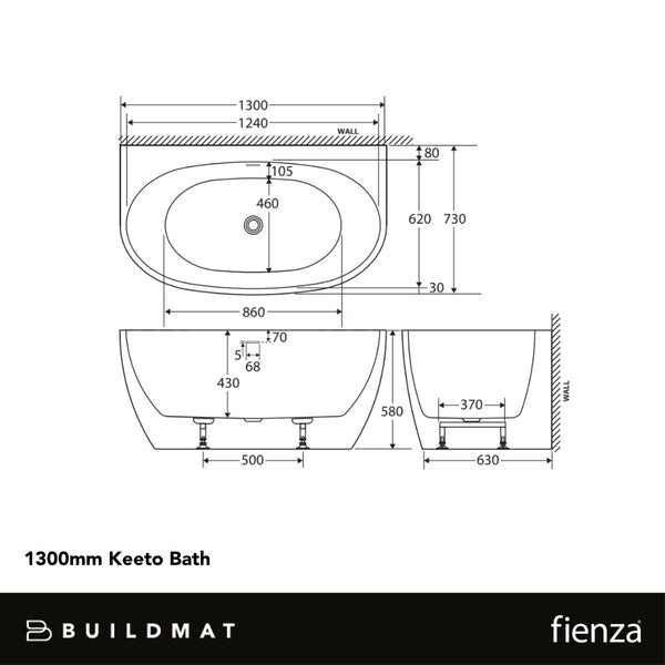 Fienza 1300mm Keeto BTW Acrylic Bath with Overflow