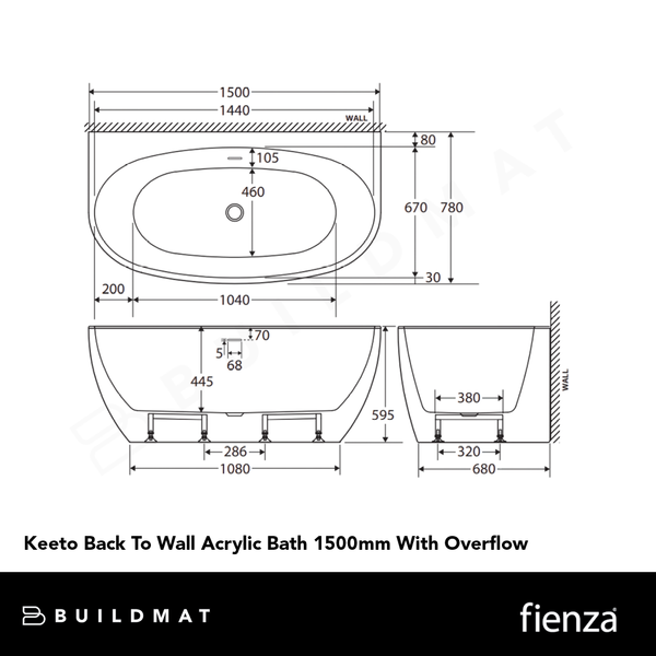 Fienza Keeto Back To Wall Acrylic Bath 1500mm with Overflow White