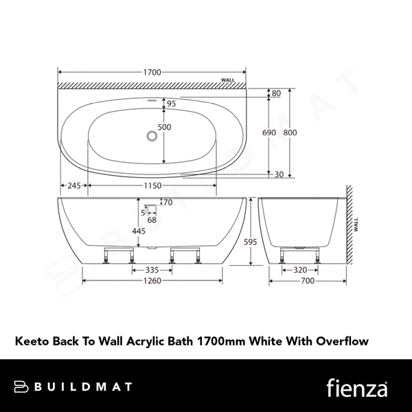 Fienza Keeto Back To Wall Acrylic Bath 1700mm with Overflow White