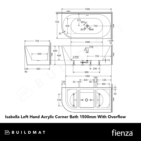 Fienza Isabella Left Hand Acrylic Corner Bath 1500mm with Overflow Matte White