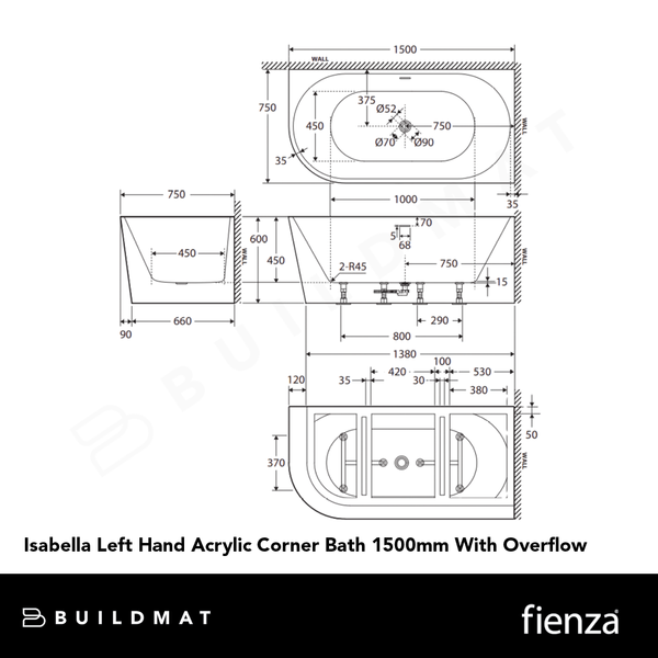 Fienza Isabella Left Hand Acrylic Corner Bath 1500mm with Overflow Gloss White
