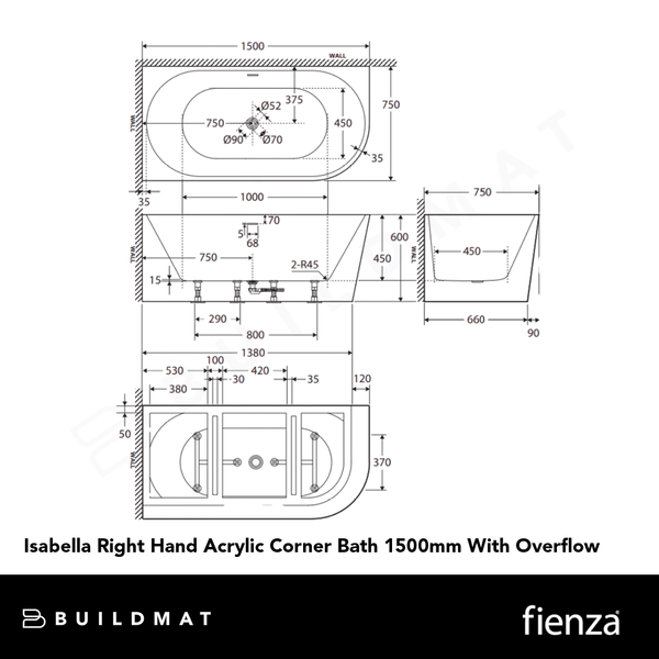 Fienza Isabella Right Hand Acrylic Corner Bath 1500mm with Overflow Gloss White