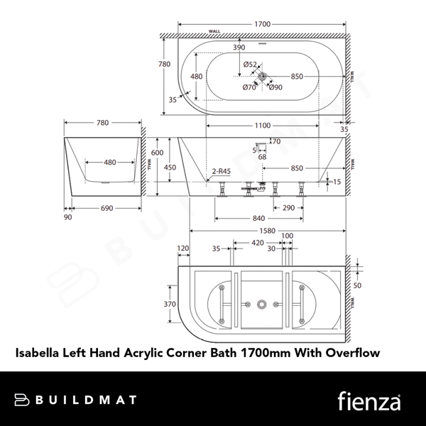 Fienza Isabella Left Hand Acrylic Corner Bath 1700mm with Overflow Gloss White