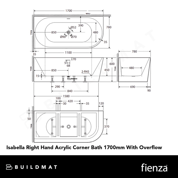 Fienza Isabella Right Hand Acrylic Corner Bath 1700mm with Overflow Matte White