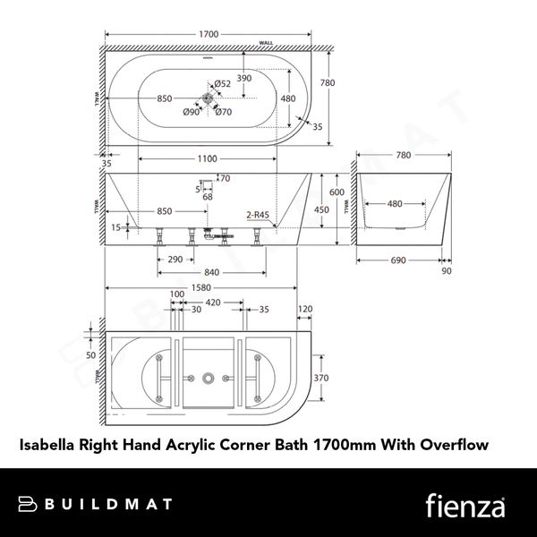 Fienza Isabella Right Hand Acrylic Corner Bath 1700mm with Overflow Gloss White