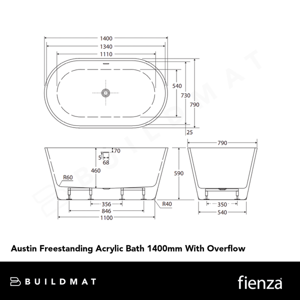 Fienza Austin Freestanding Acrylic Bath 1400mm with Overflow Gloss White