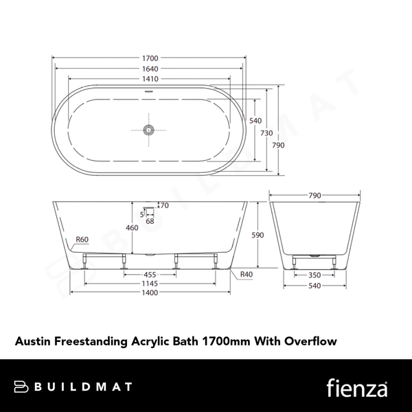 Fienza Austin Freestanding Acrylic Bath 1700mm with Overflow Gloss White