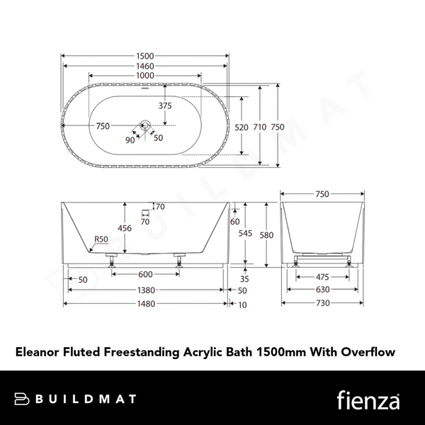 Fienza Eleanor Fluted Freestanding Acrylic Bath 1500mm with Overflow Gloss White