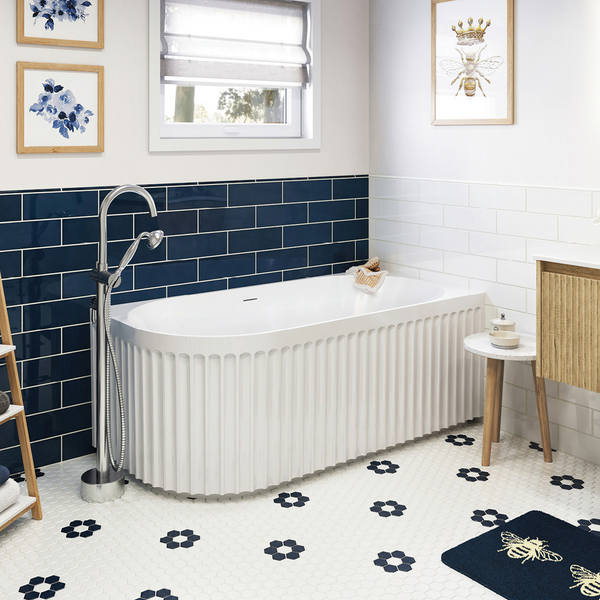 Fienza Eleanor Fluted Left Hand Acrylic Corner Bath 1500mm with Overflow Gloss White