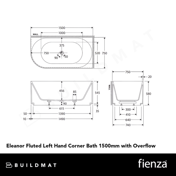 Fienza Eleanor Fluted Left Hand Acrylic Corner Bath 1500mm with Overflow Gloss White