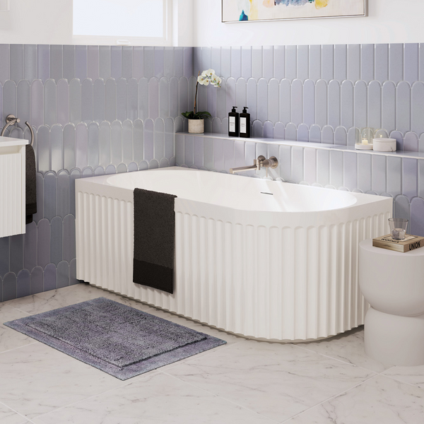 Fienza Eleanor Fluted Right Hand Acrylic Corner Bath 1500mm with Overflow Gloss White