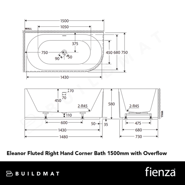Fienza Eleanor Fluted Right Hand Acrylic Corner Bath 1500mm with Overflow Gloss White
