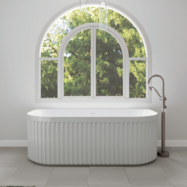 Fienza Eleanor Fluted Back to Wall Acrylic Bath 1700mm with Overflow Gloss White