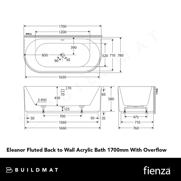 Fienza Eleanor Fluted Back to Wall Acrylic Bath 1700mm with Overflow Gloss White