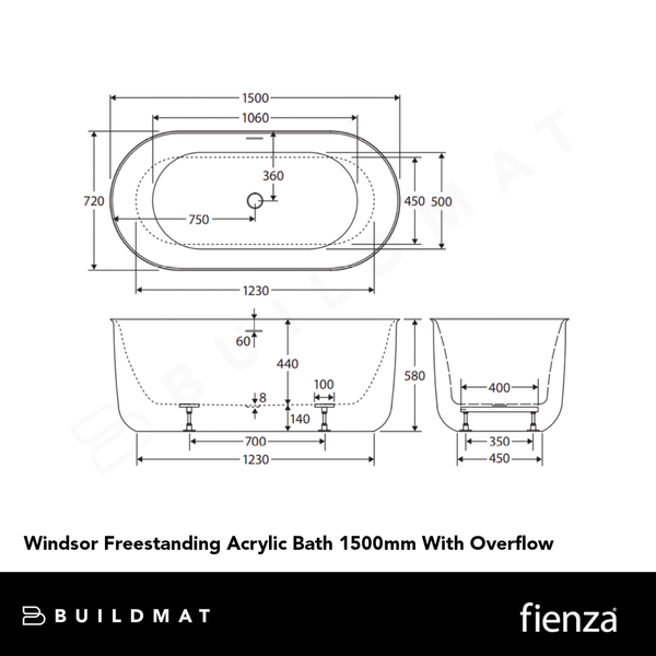 Fienza Windsor Freestanding Acrylic Bath 1500mm with Overflow Matte Black