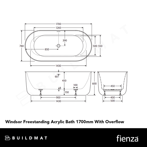 Fienza Windsor Freestanding Acrylic Bath 1700mm with Overflow Gloss White
