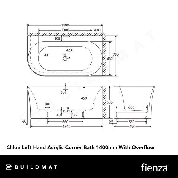 Fienza Chloe Left Hand Acrylic Corner Bath with Overflow 1400mm Gloss White
