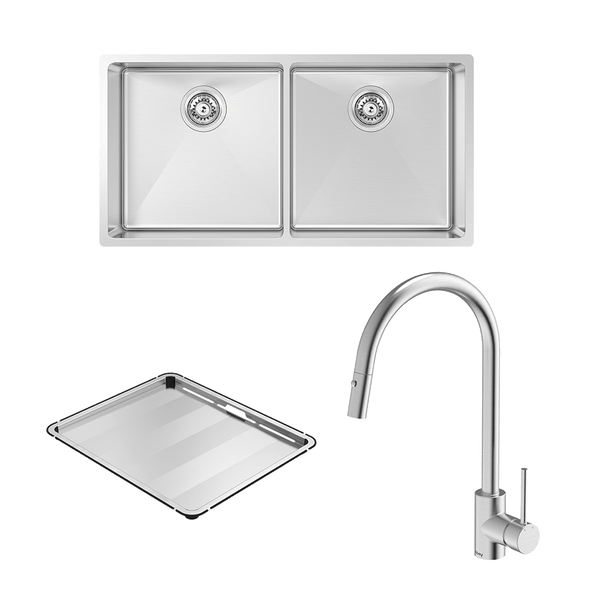 Abey Alfresco 400 Double Bowl Sink With Drain Tray and Dual Spray Kitchen Mixer Stainless Steel