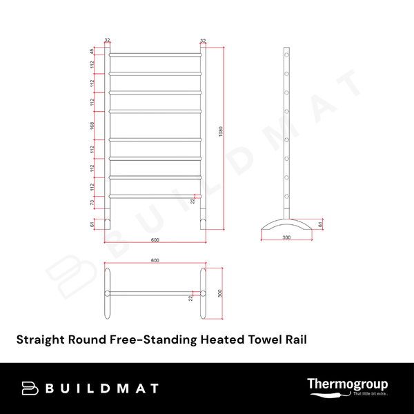 Thermogroup Straight Round Free-Standing Heated Towel Rail Matte Black