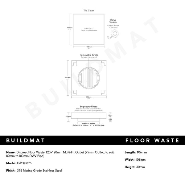 ADP 120x120mm Discreet Floor Waste Multi-Fit Outlet