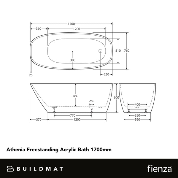 Fienza Athenia Freestanding Acrylic Bath 1700mm White
