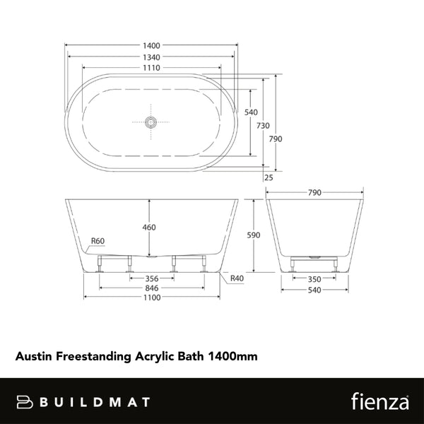 Fienza Austin Freestanding Acrylic Bath 1400mm Gloss White