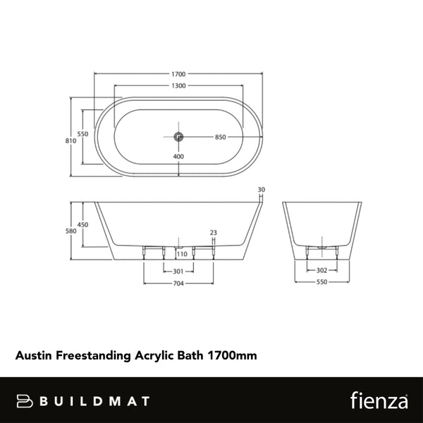 Fienza Austin Freestanding Acrylic Bath 1700mm Gloss White